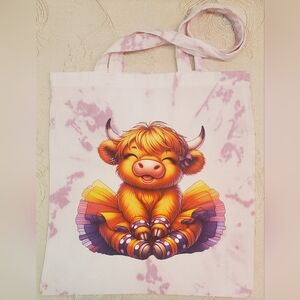Tie Dye pink cute highland Cow in Tutu colorful design Tote Hand-Dyed Custom Bag